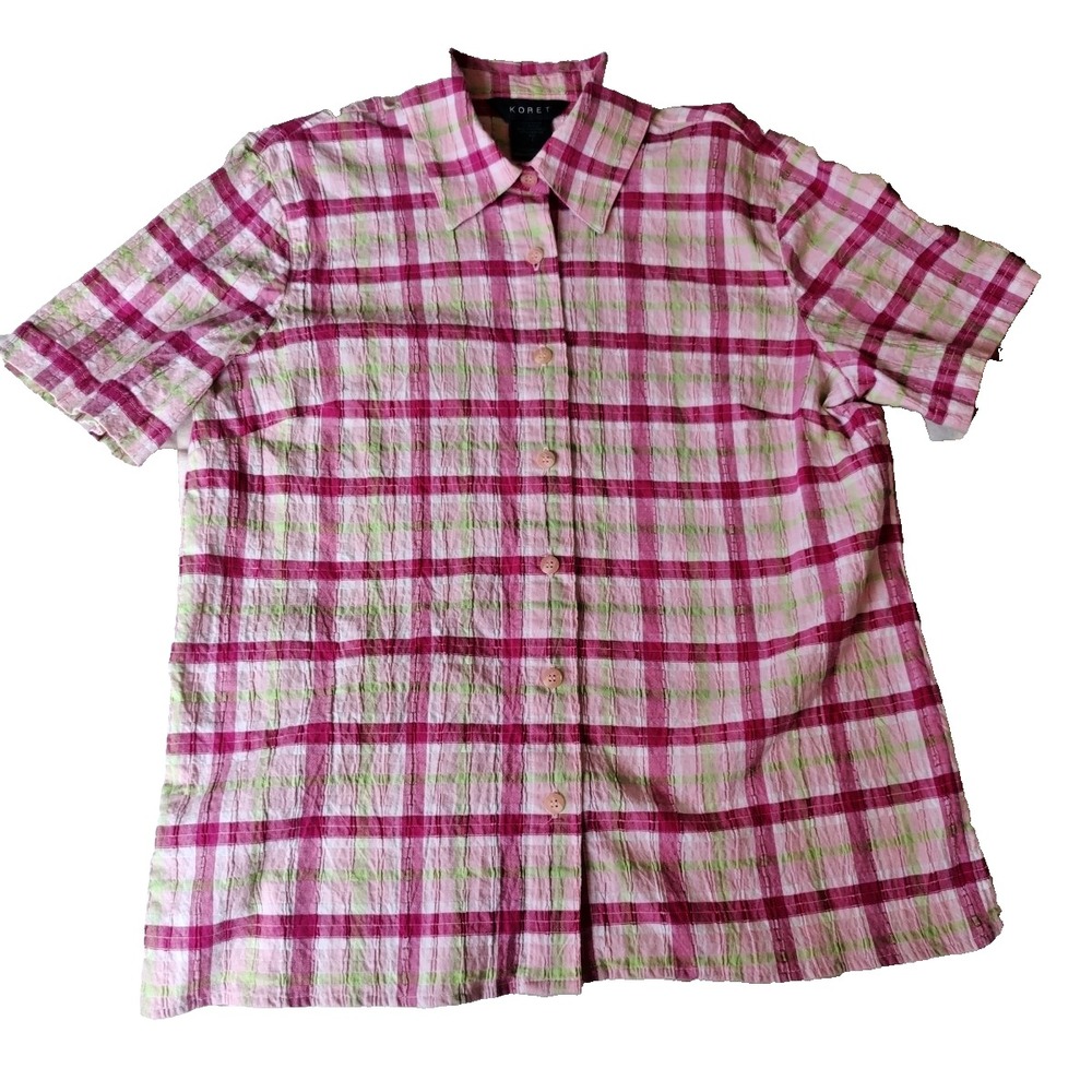 Koret Shirt Vtg Womens Blouse S Pink Green Plaid Seersucker Picnic Granny Preppy